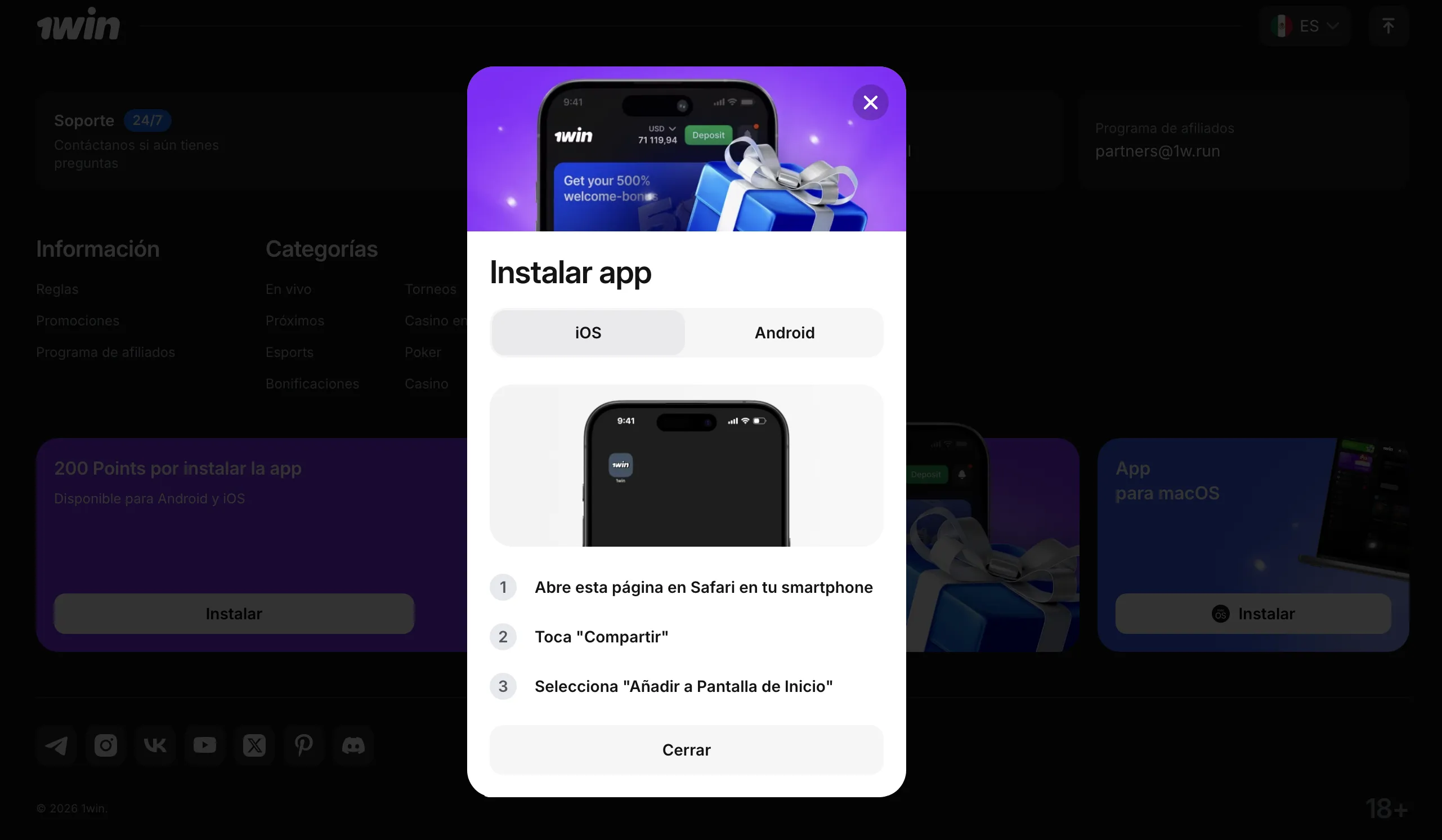 Acceso móvil mediante 1Win app desde smartphones y tabletas
